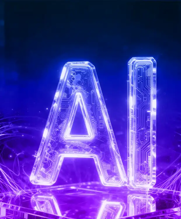 Glowing AI letters on a circuit board
