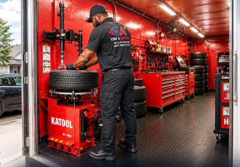 GA5 technician mounting a tire inside the service truck