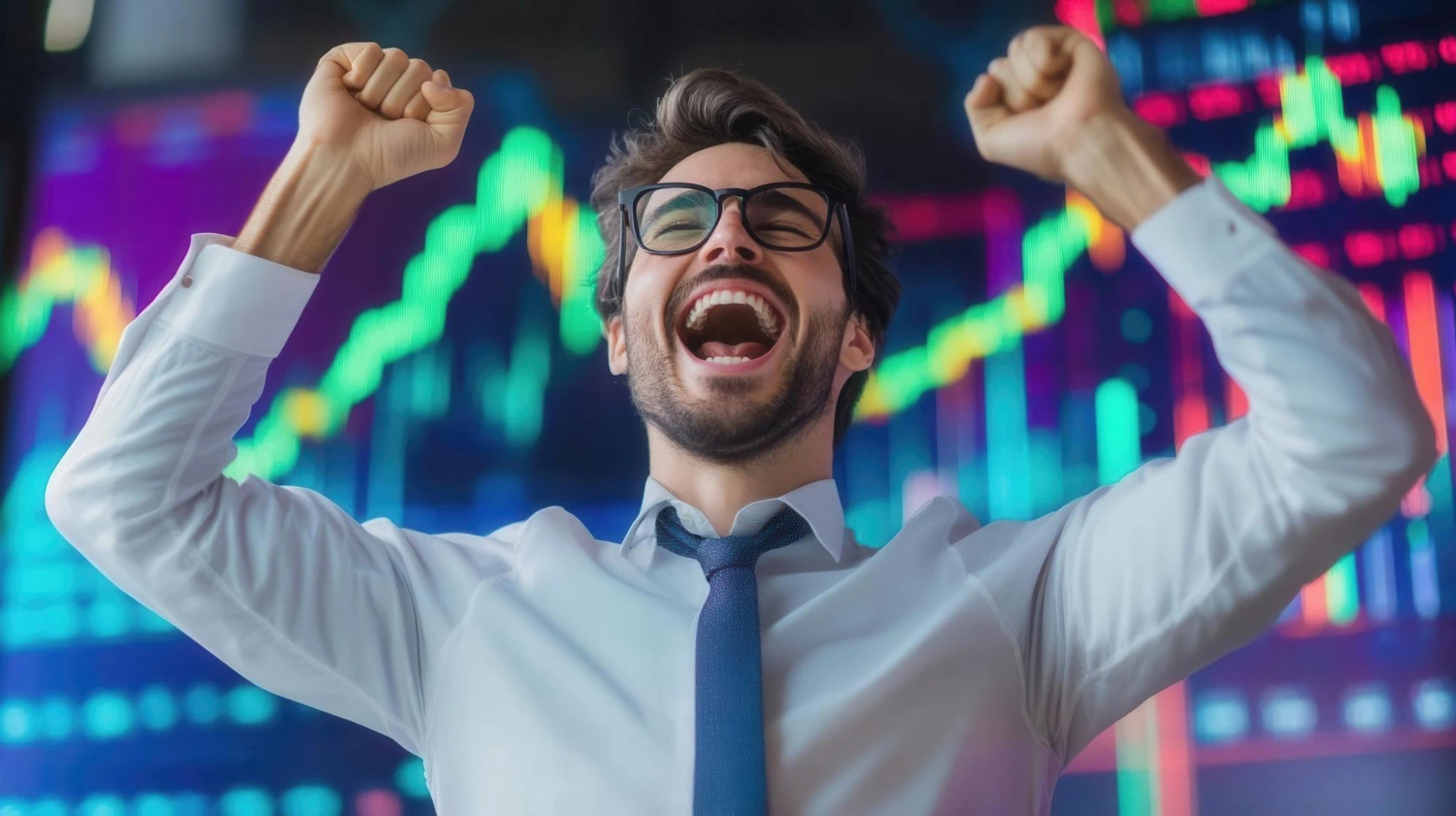 Excited trader in shirt and tie
