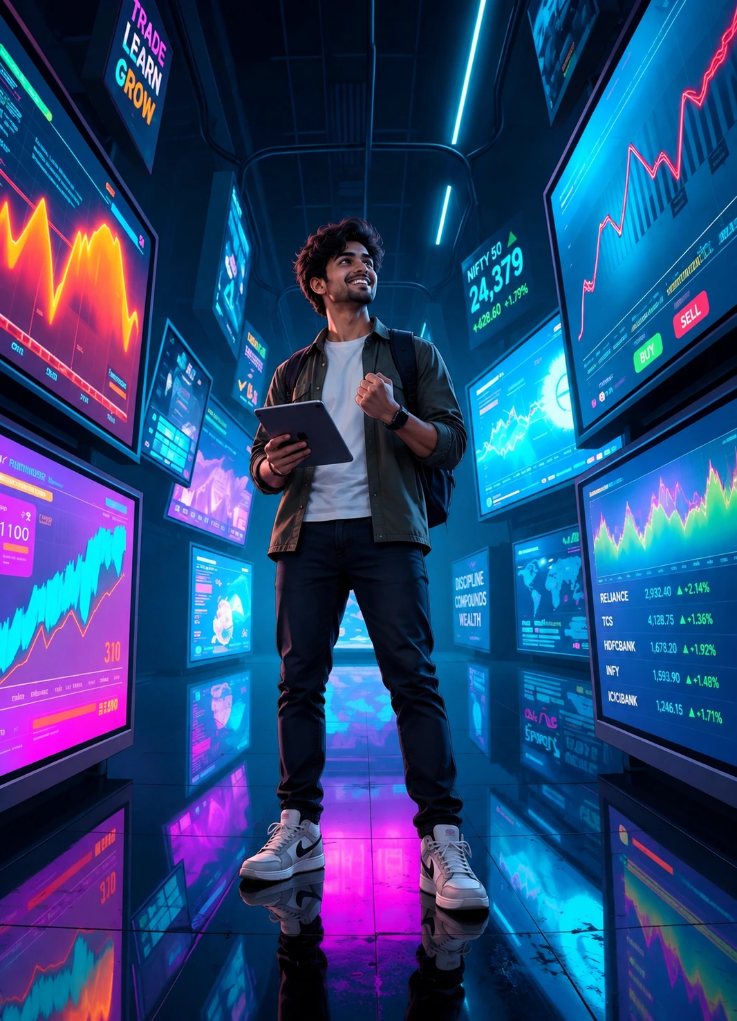 Young trader with backpack in digital market corridor