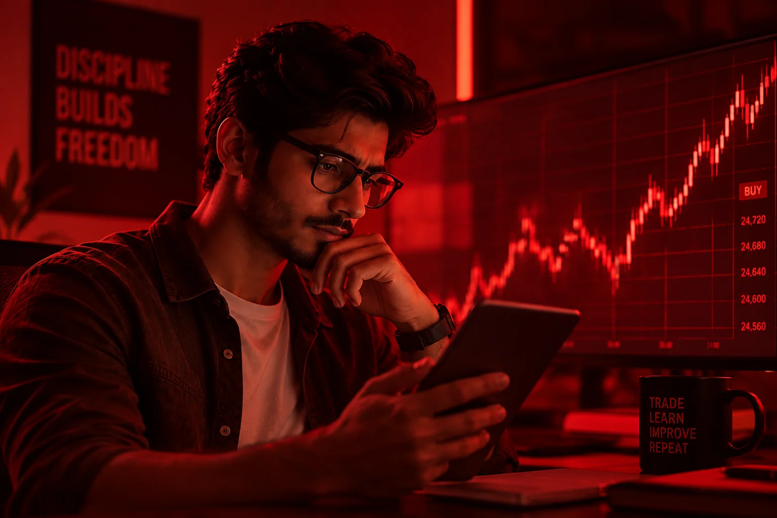 Young trader studying a red market chart